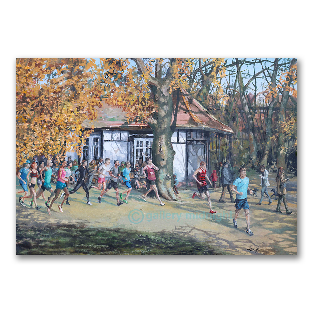 Runners streaming past the timber-framed café on Tooting Bec Common under golden autumn trees, walkers and dogs alongside