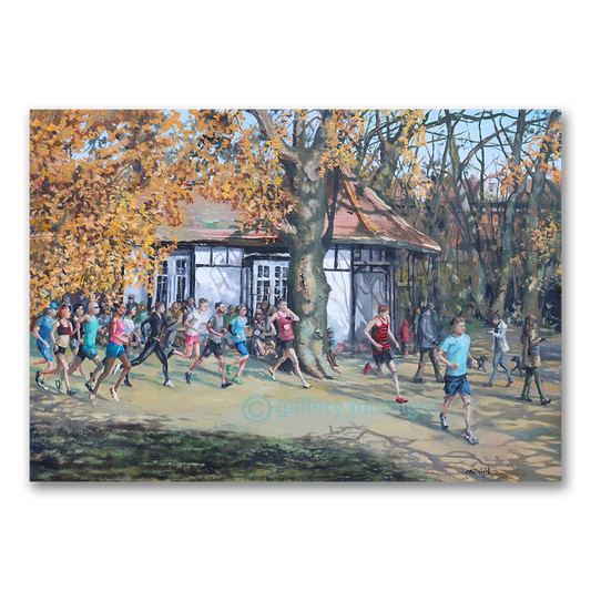 Runners streaming past the timber-framed café on Tooting Bec Common under golden autumn trees, walkers and dogs alongside
