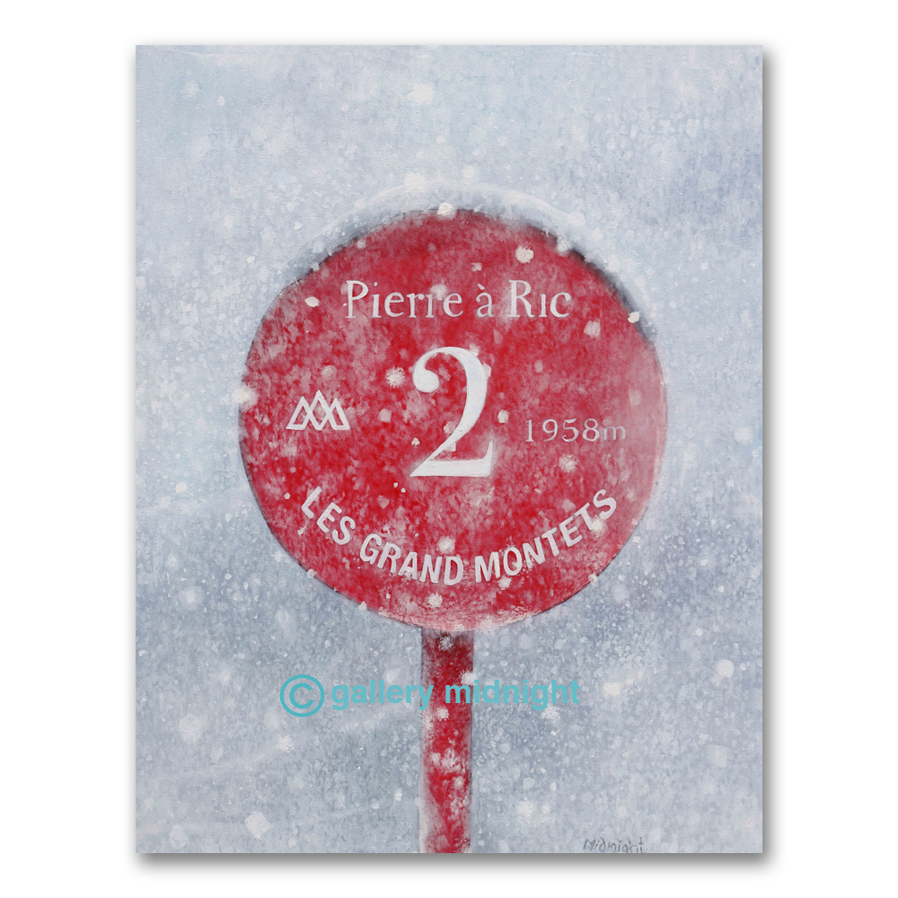Snow-covered piste marker reading Pierre a Ric, Les Grands Montets, 1958m, a painting by Johny Midnight.