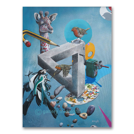 Abstract artwork with a giraffe, birds, and various objects on a blue background