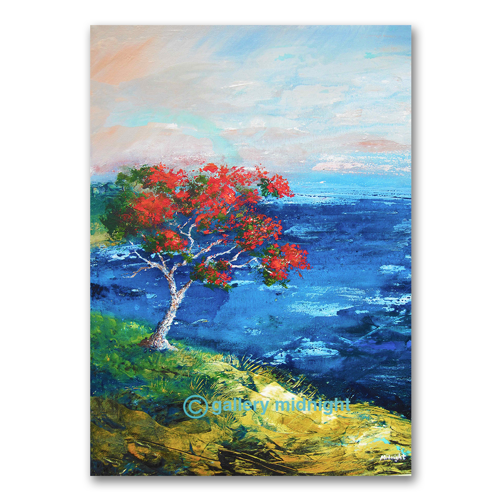 Painting of a New Zealand Christmas tree with red flowers by a body of water  