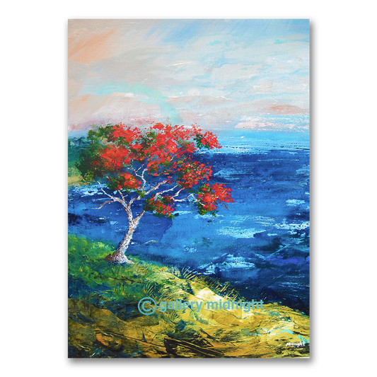 Painting of a New Zealand Christmas tree with red flowers by a body of water  