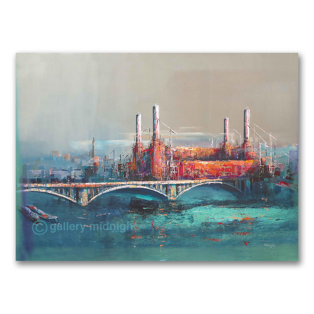 Oil painting of Battersea Power Station and Battersea Bridge by Johny in autumn reds and orange with turquoise River Thames