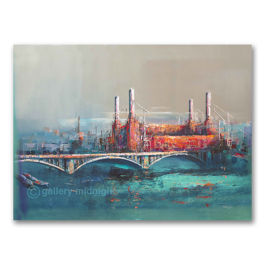 Oil painting of Battersea Power Station and Battersea Bridge by Johny in autumn reds and orange with turquoise River Thames