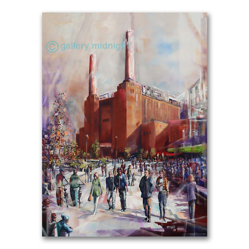 painting of Battersea Power Station with crowds of people in foreground, colourful abstract sky, and lively street scene by Johny Midnight.