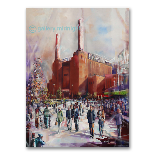 painting of Battersea Power Station with crowds of people in foreground, colourful abstract sky, and lively street scene by Johny Midnight.