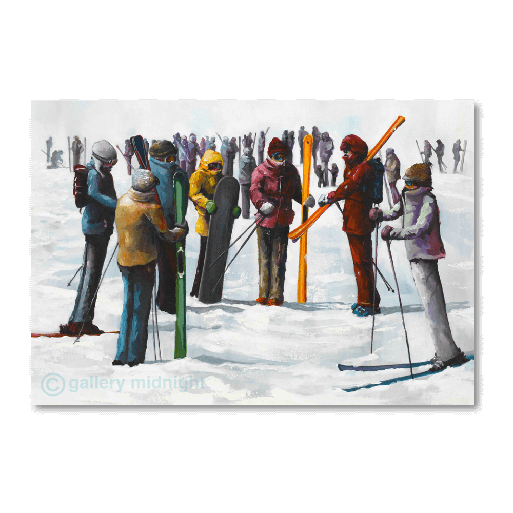 Group of skiers gathered around a French ski instructor at a mountain meeting point, wearing colourful ski clothing on a snowy slope.