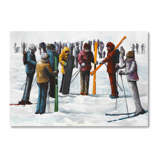 Group of skiers gathered around a French ski instructor at a mountain meeting point, wearing colourful ski clothing on a snowy slope.