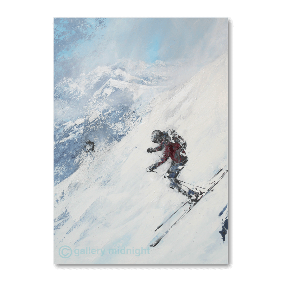 Two skiers descending a steep off-piste slope, one in a red jacket mid-turn, captured in an abstract alpine ski painting.