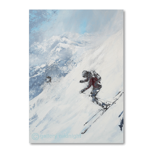 Two skiers descending a steep off-piste slope, one in a red jacket mid-turn, captured in an abstract alpine ski painting.