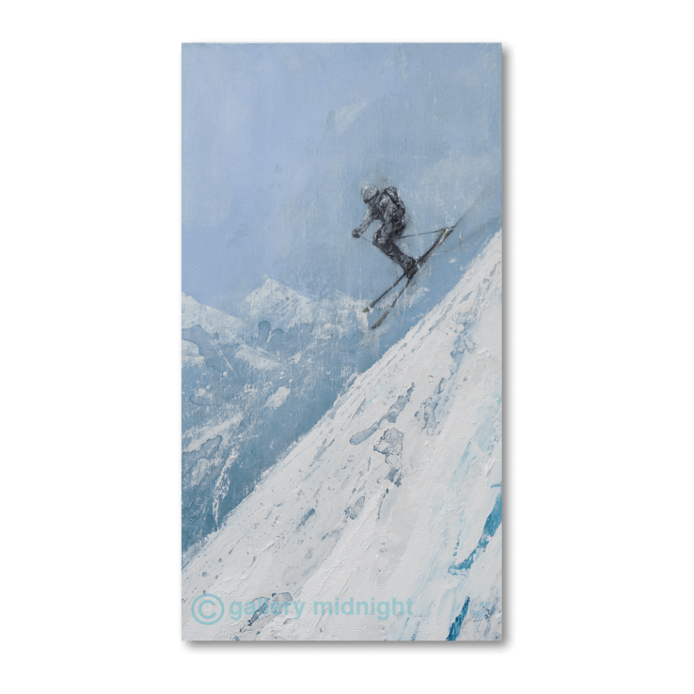 A skier airborne above a steep icy slope, captured mid-jump against a soft alpine sky in an abstract ski painting