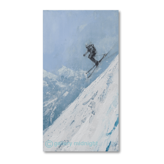 A skier airborne above a steep icy slope, captured mid-jump against a soft alpine sky in an abstract ski painting