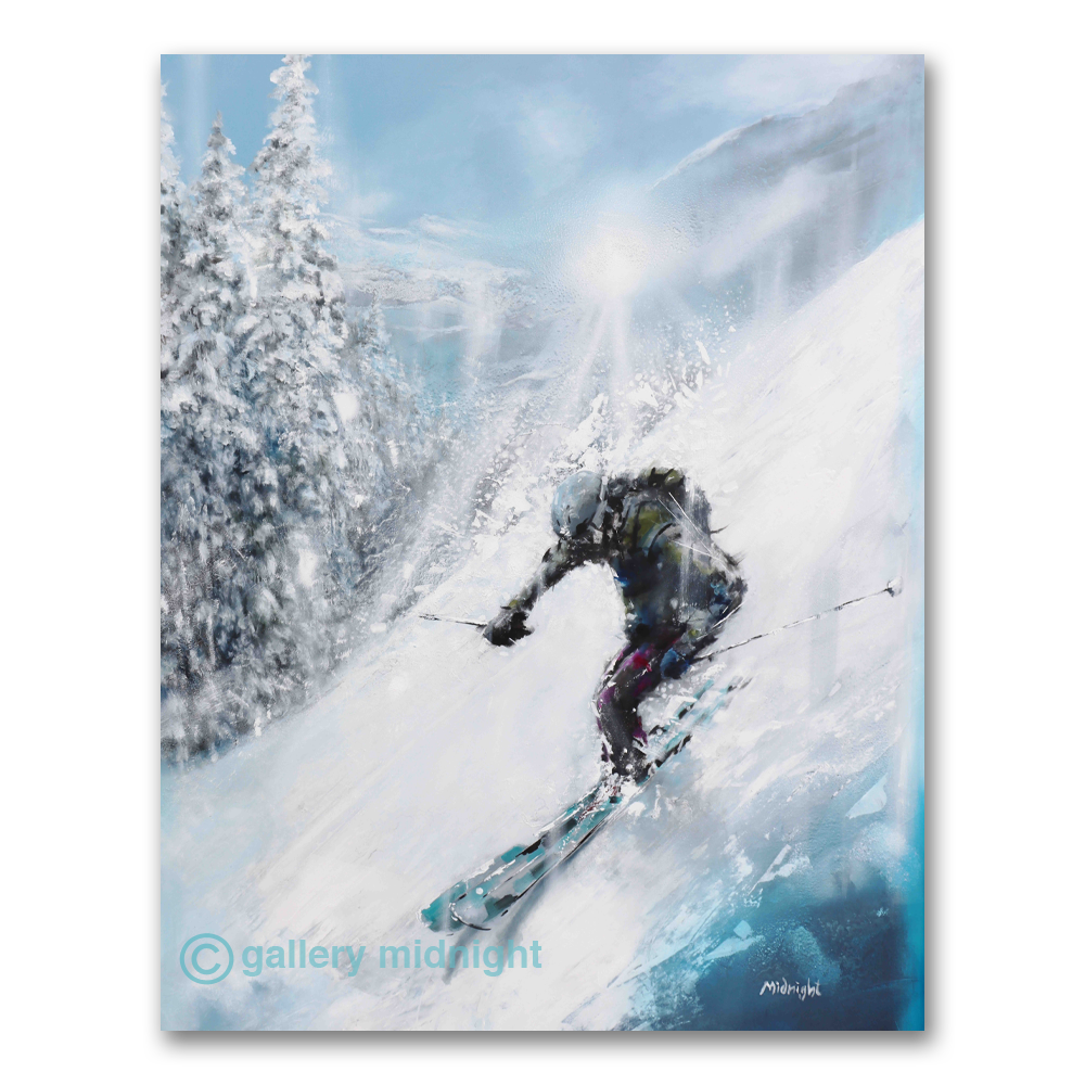Skier carving down a steep powder slope beside snow-laden pines, sunlight breaking through, a painting by Johny Midnight.