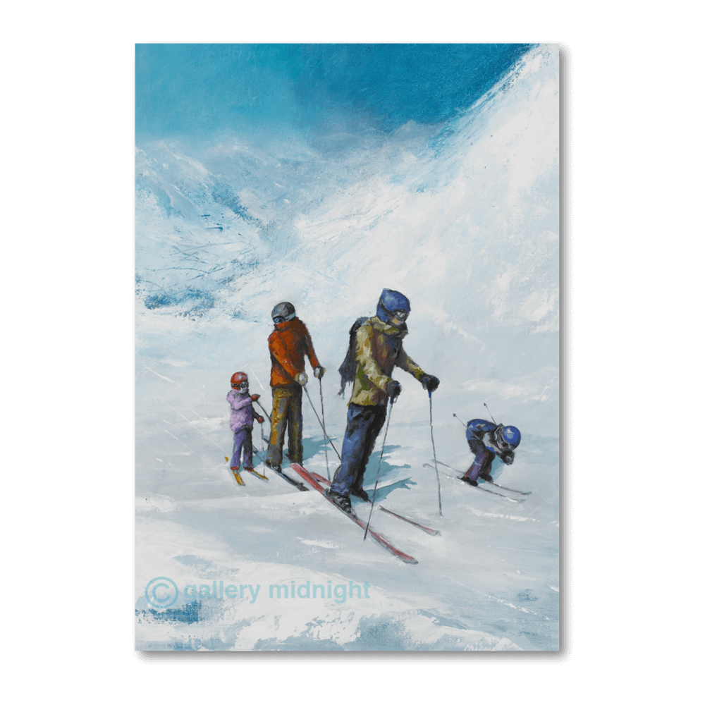 A family skiing together on a snowy slope while a child in a racing tuck skis past them, set against a misty alpine mountain background.