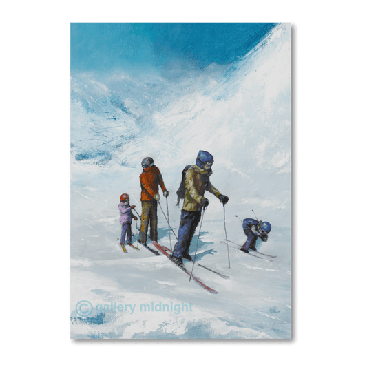 A family skiing together on a snowy slope while a child in a racing tuck skis past them, set against a misty alpine mountain background.