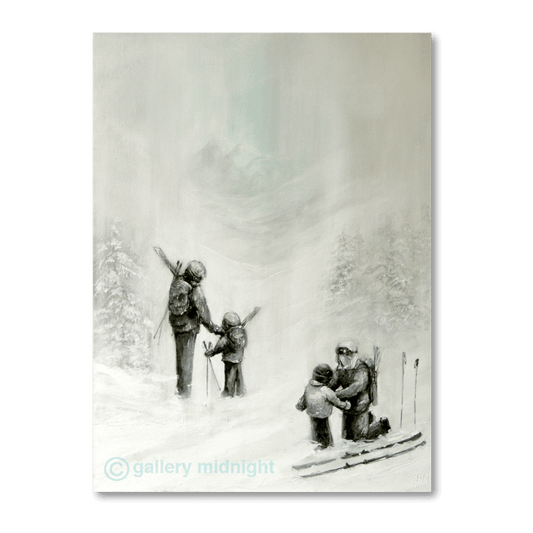 Family on a snowy ski slope with parents helping children get ready, surrounded by misty winter trees.