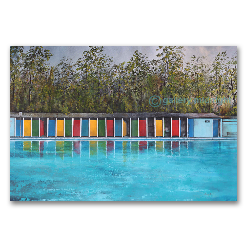 Spring Lido painting showing Tooting Bec Lido with colourful changing cabins reflected in calm blue water on a grey spring morning