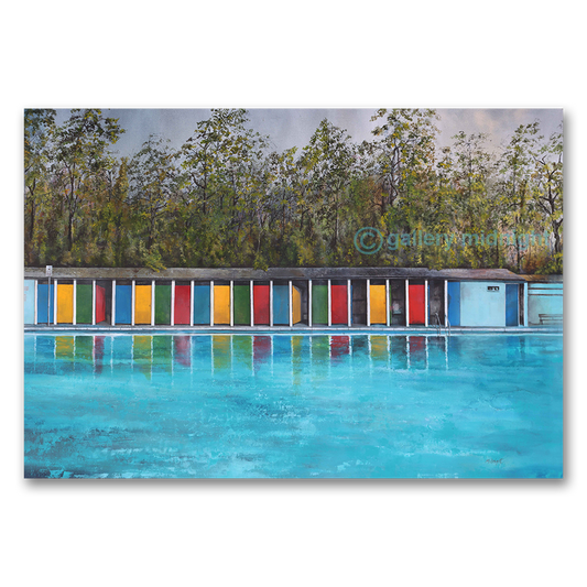 Spring Lido painting showing Tooting Bec Lido with colourful changing cabins reflected in calm blue water on a grey spring morning