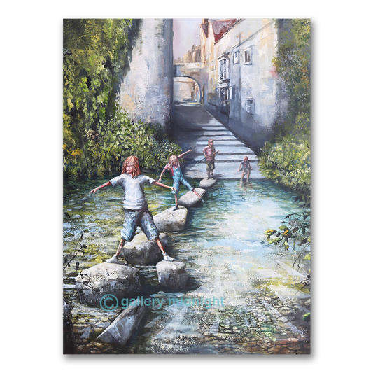 Children crossing over stepping stones of river in the village of Bruton