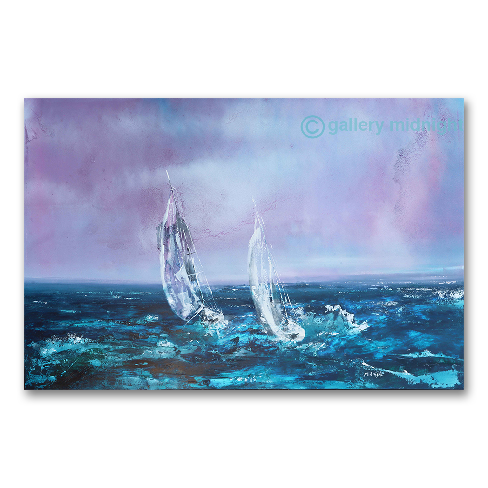 painting of two white sailboats on turbulent turquoise sea under dramatic purple and lavender sky by Johny Midnight.