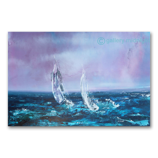 painting of two white sailboats on turbulent turquoise sea under dramatic purple and lavender sky by Johny Midnight.