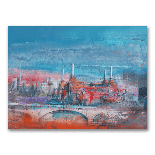 Sunset Power limited edition print by Johny Midnight showing Battersea Power Station and Battersea Bridge at sunset with magenta skies, blue shadows, and abstract London skyline.