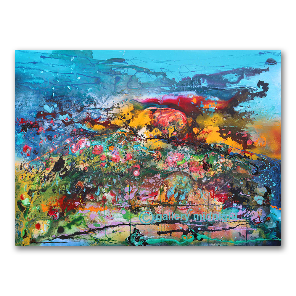 Large abstract oil painting in turquoise, crimson, orange and green with heavy poured and scratched texture by Johny Midnight