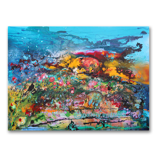 Large abstract oil painting in turquoise, crimson, orange and green with heavy poured and scratched texture by Johny Midnight