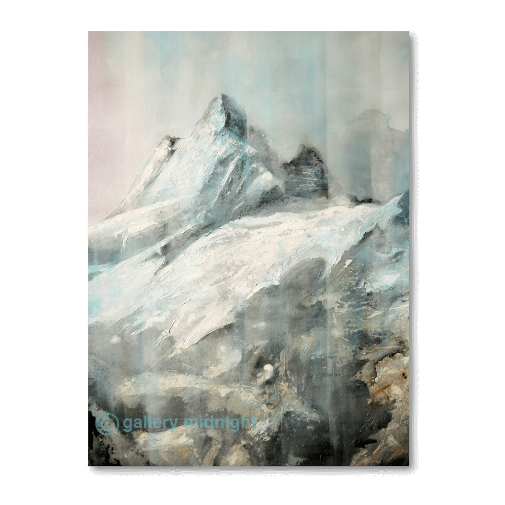 Close-up portrait painting of the Eiger mountain by Johny Midnight, dominated by icy blue-white snow and ice textures with dark rock faces and a pale grey lavender sky.