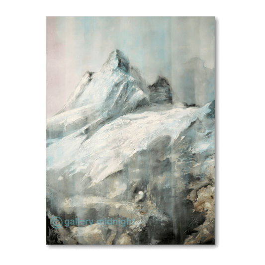 Close-up portrait painting of the Eiger mountain by Johny Midnight, dominated by icy blue-white snow and ice textures with dark rock faces and a pale grey lavender sky.