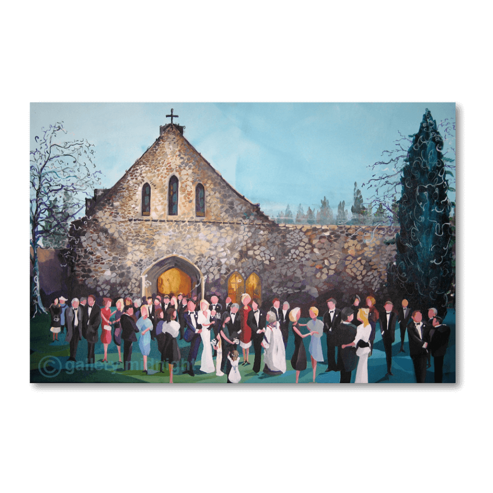 Artistic depiction of a wedding party in front of a stone church with a blue sky.