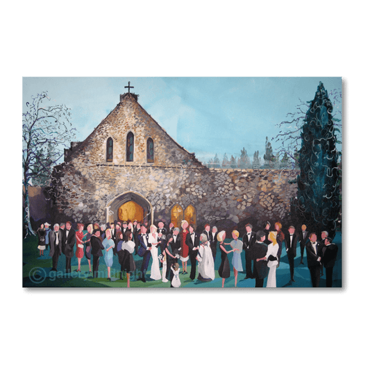 Artistic depiction of a wedding party in front of a stone church with a blue sky.