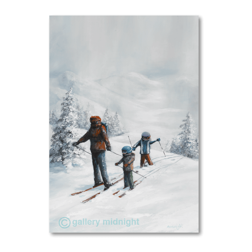 Adult skier guiding two young children on their first off-piste run through fresh snow and snow-covered trees.