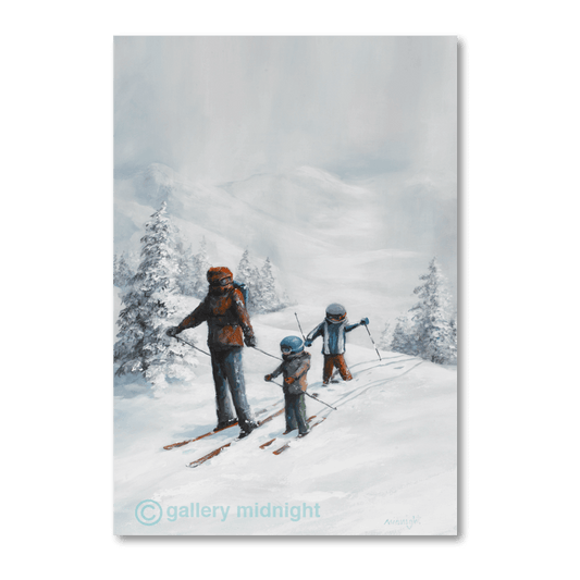 Adult skier guiding two young children on their first off-piste run through fresh snow and snow-covered trees.