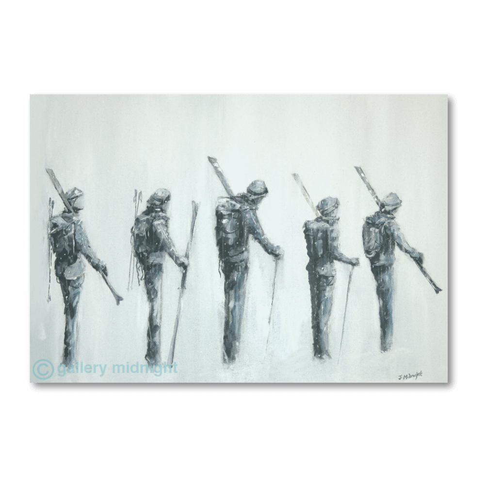 Five skiers in monochrome tones walking in a misty mountain landscape with skis over their shoulders, painted in an expressive, textured style.