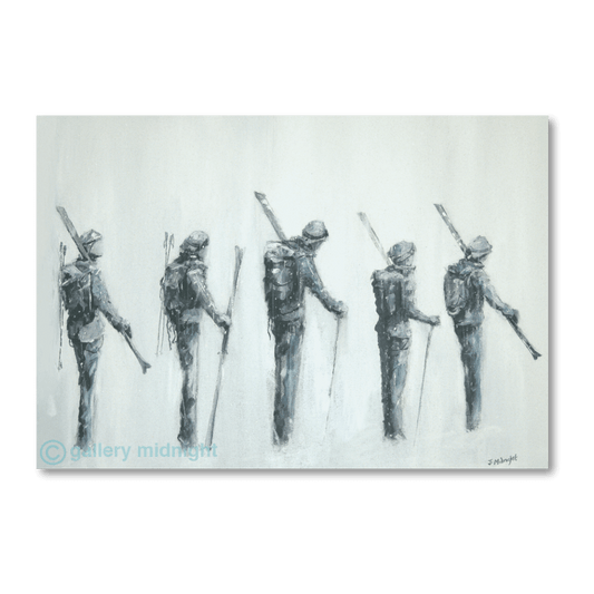 Five skiers in monochrome tones walking in a misty mountain landscape with skis over their shoulders, painted in an expressive, textured style.