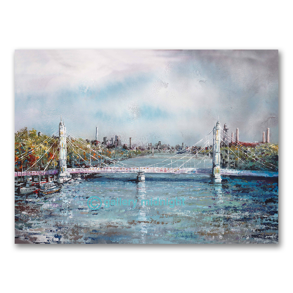 Uncle Albert oil painting by Johny Midnight depicting Albert Bridge, the Thames, boats, and the London skyline including The Shard and Battersea Power Station.