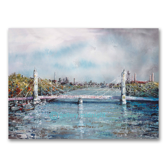 Uncle Albert oil painting by Johny Midnight depicting Albert Bridge, the Thames, boats, and the London skyline including The Shard and Battersea Power Station.