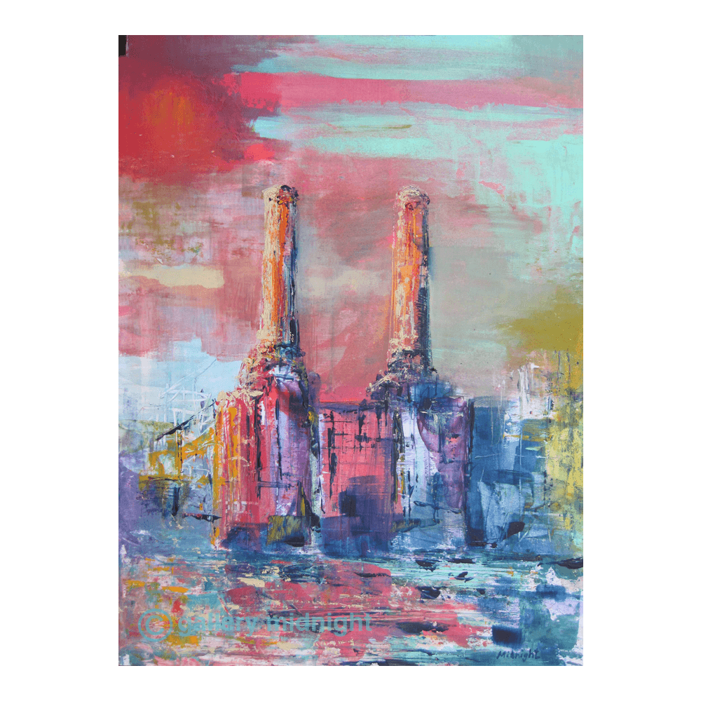 Vicky’s Power limited edition print by Johny Midnight showing an abstract Battersea Power Station with two chimneys reflected in the River Thames.