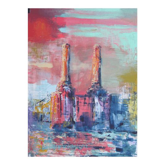 Vicky’s Power limited edition print by Johny Midnight showing an abstract Battersea Power Station with two chimneys reflected in the River Thames.
