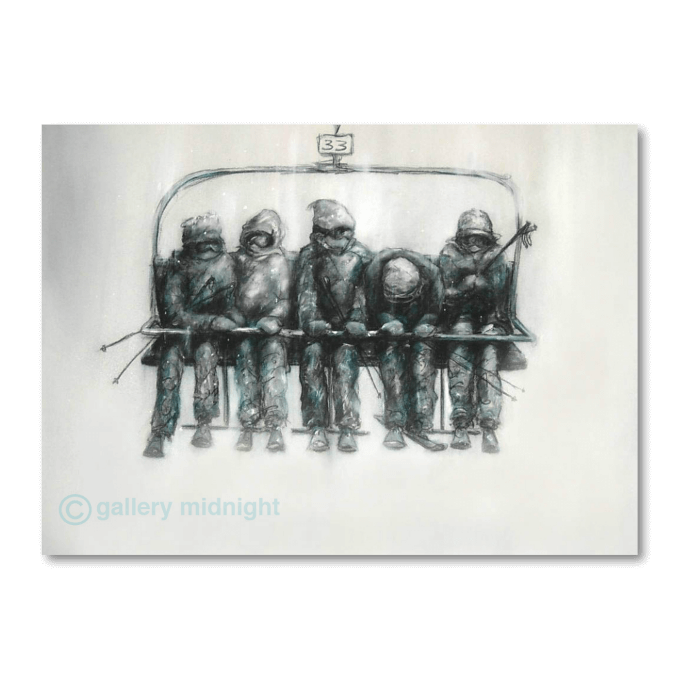 Black and white painting of five skiers sitting on a chairlift suspended in mist and cloud, capturing a humorous moment on a ski lift, by Johny Midnight.
