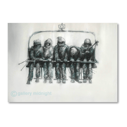 Black and white painting of five skiers sitting on a chairlift suspended in mist and cloud, capturing a humorous moment on a ski lift, by Johny Midnight.