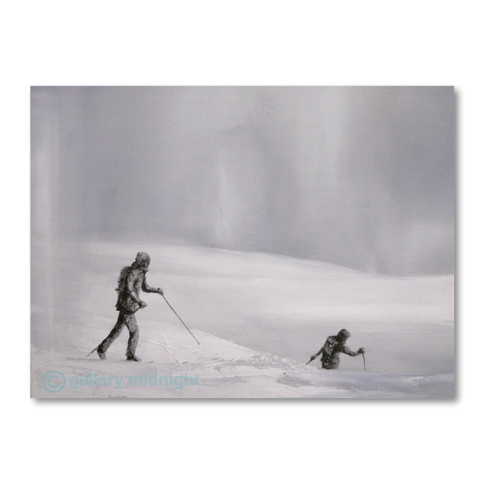 Two cross-country skiers moving through a grey, windswept winter landscape, painted in a minimalist alpine style.