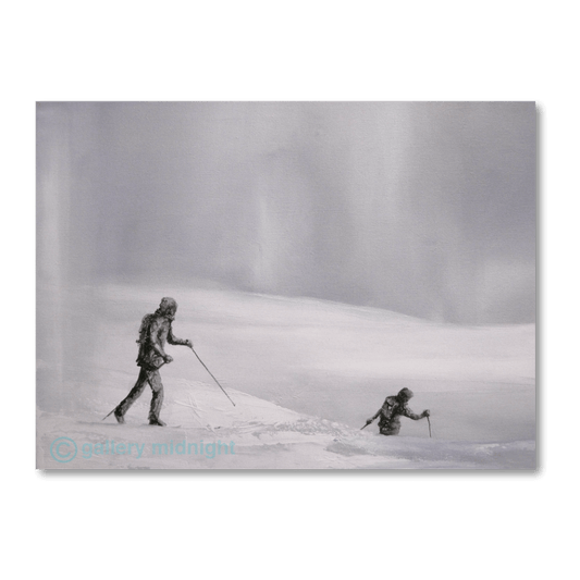 Two cross-country skiers moving through a grey, windswept winter landscape, painted in a minimalist alpine style.