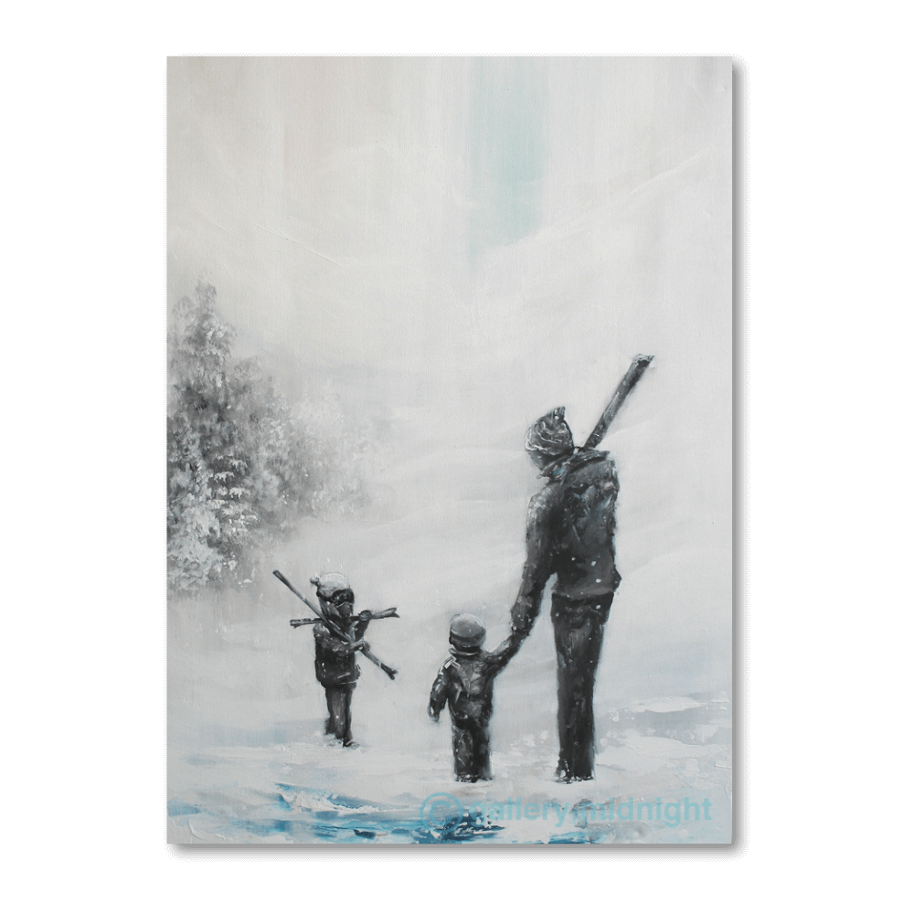 A monochrome-style painting of an adult and two children walking through snowy mountains, one child reluctantly carrying two sets of skis.