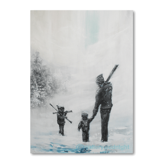A monochrome-style painting of an adult and two children walking through snowy mountains, one child reluctantly carrying two sets of skis.