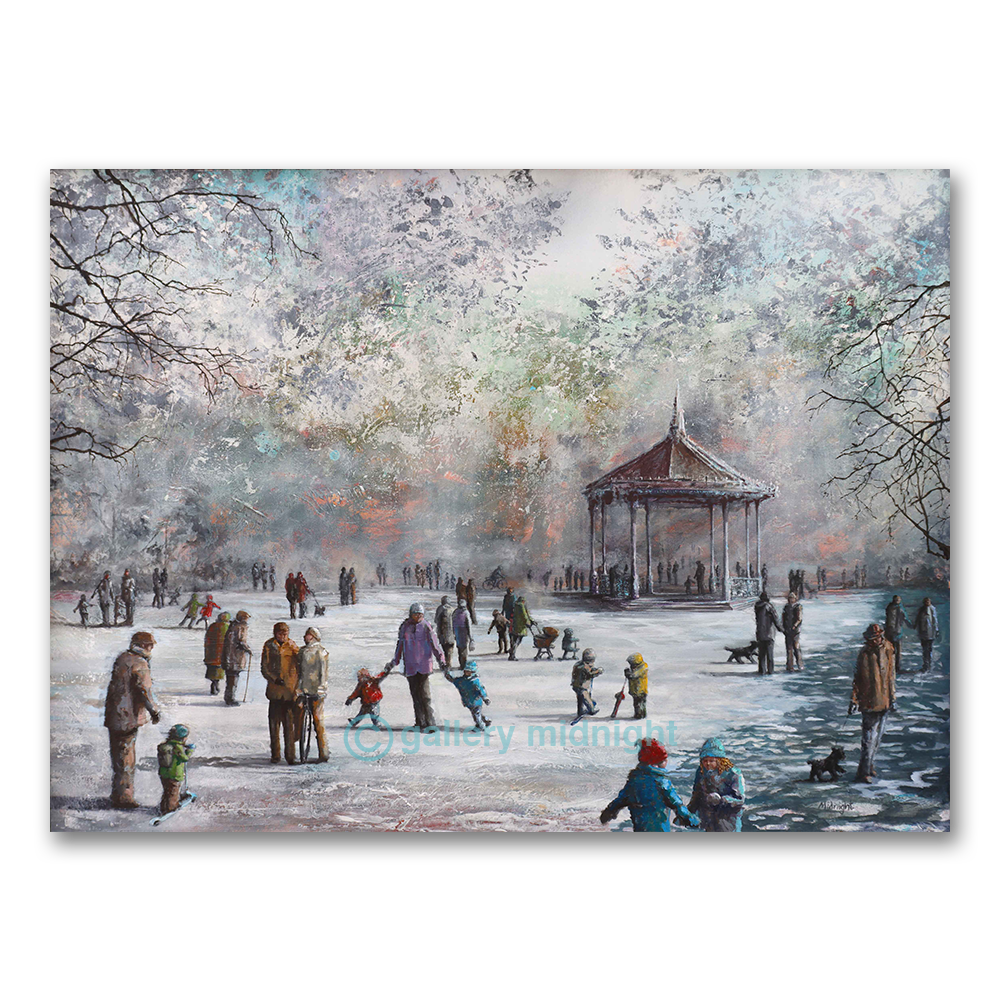 painting of London winter park with bandstand, people walking, children playing on icy ground and sunset glow through trees by Johny Midnight