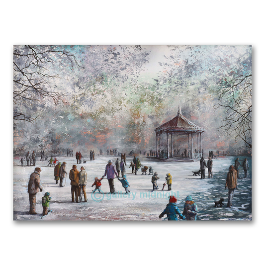 painting of London winter park with bandstand, people walking, children playing on icy ground and sunset glow through trees by Johny Midnight