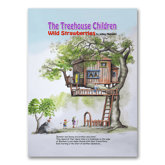 Treehouse in an oak tree with children below, cover art for The Treehouse Children: Wild Strawberries by Johny Midnight.